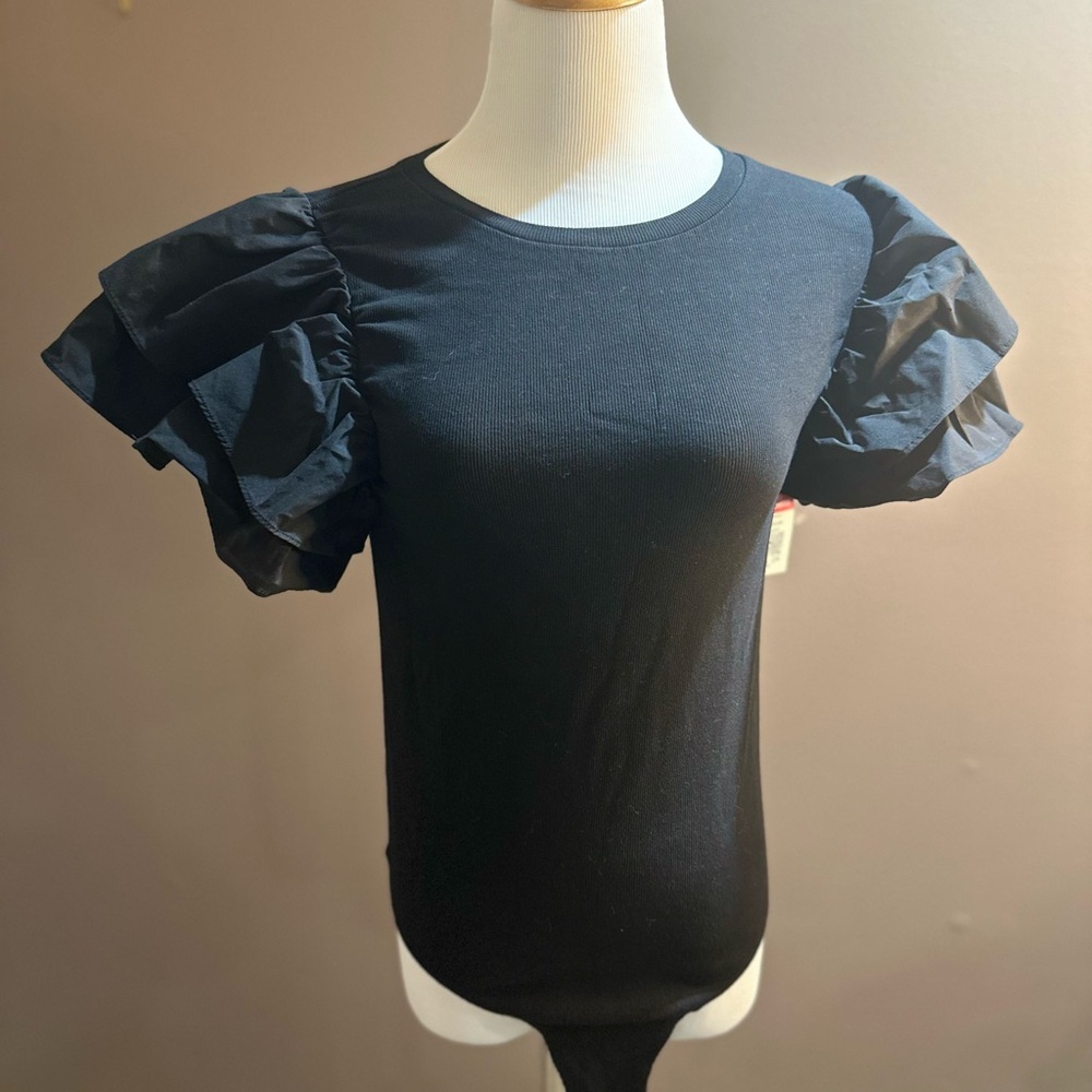 Black Ruffle Sleeve Women's Bodysuit Top
